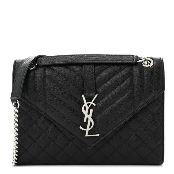 Saint Laurent Medium Satchel Black Triquilt Monogram Grain De Poudre Textured Mixed Matelasse Leather Silver Hardware