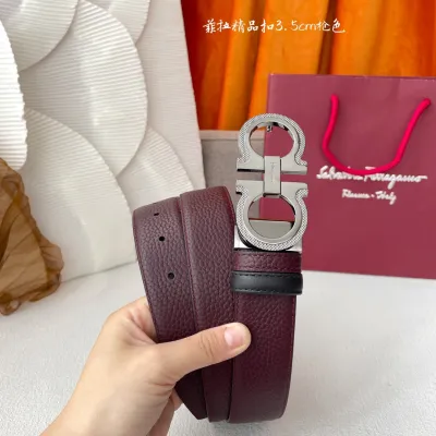 Ferragamo Men's Double Gancini Buckle Reversible Belt In Blue/Black/Burgundy Grained Calfskin With Gold/Silver/Black Hardware 35mm