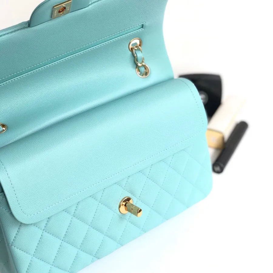 Chanel CF Litchi grain Tiffany blue silver buckle gold buckle 25cm Crossbody Bags