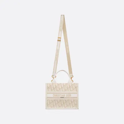 Dior Small Dior Book Tote In Natural Dior Oblique Embroidery And Calfskin Gold Hardware