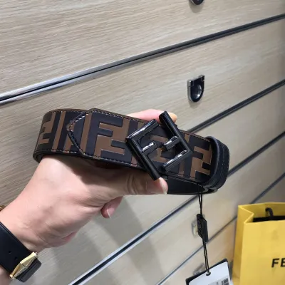 Fendi Men's FF Diamonds Belt In Brown/Black Calfskin With Gold/Silver/Black Hardware 38mm