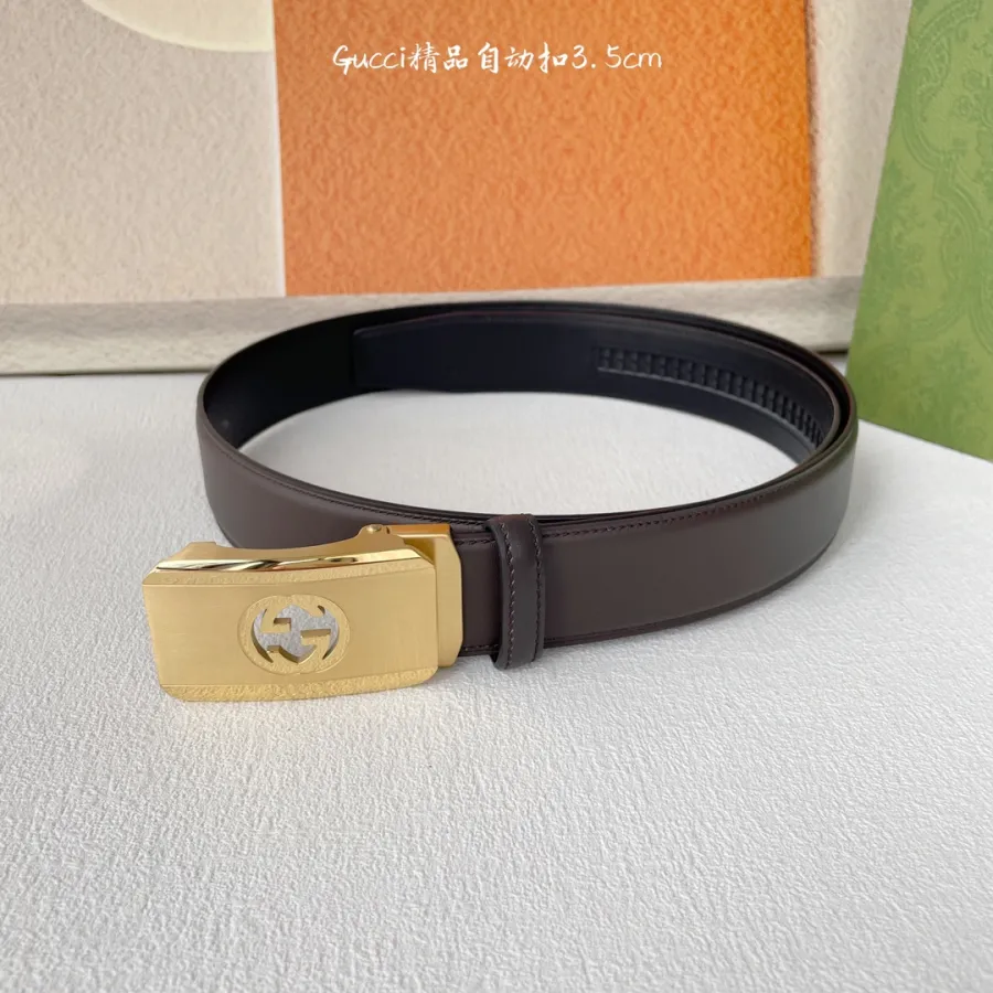 Gucci Men' s Rectangled Buckle Belt In Black/Brown Calfskin With Gold/Silver Hardware 35mm