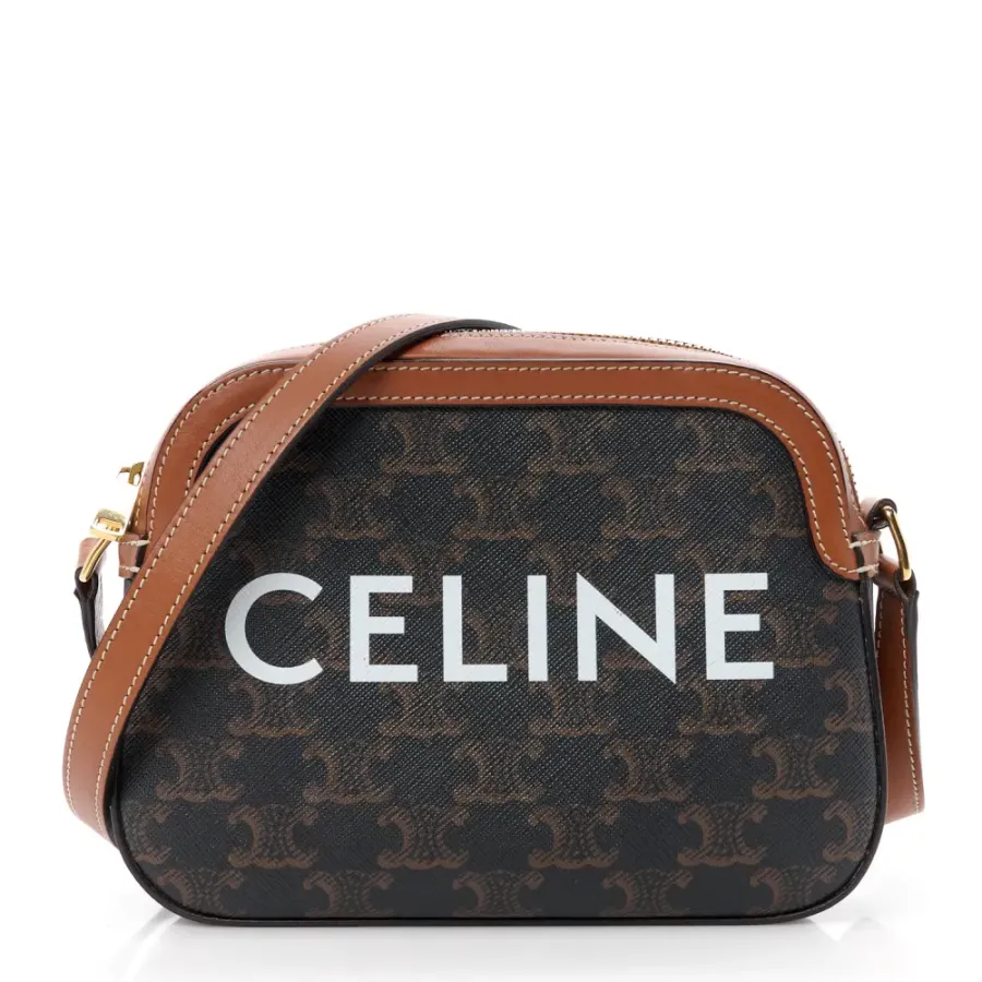 Celine Small Camera Bag Tan Triomphe Canvas Gold Hardware