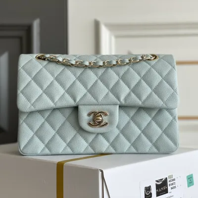 Chanel CF Blue / White Quilted Caviar Leather Crossbody Bags