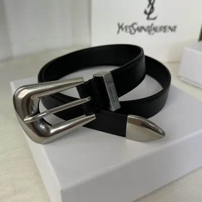 Saint Laurent Folk Buckle Belt In Black Brushed Leather With Gold/Silver Hardware 25mm