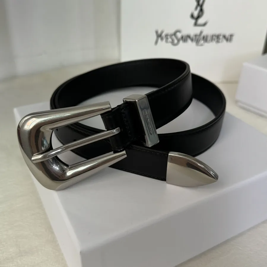 Saint Laurent Folk Buckle Belt In Black Brushed Leather With Gold/Silver Hardware 25mm