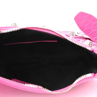 Balenciaga XS Le Cagole Shoulder Bag Lipstick Pink Crocodile Extra Embossed Supple Calfskin Leather Silver Hardware