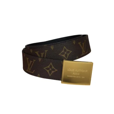 Louis Vuitton Women's Square Buckle Reversible Belt In Black Calfskin And Monogram Canvas With Gold Hardware 35mm