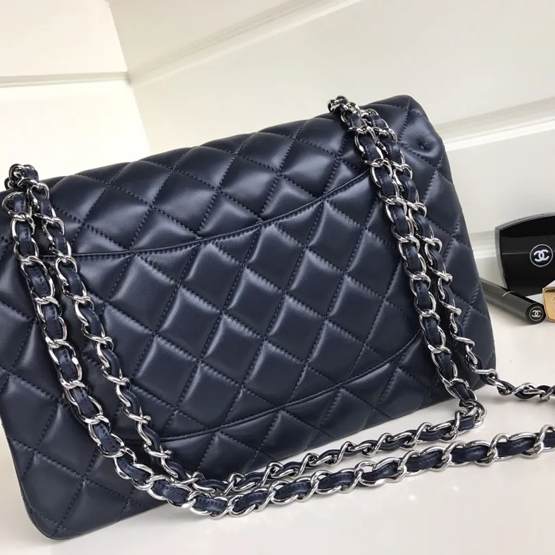 Chanel CF  Blue / Navy Blue Quilted Lambskin Leather Crossbody Bags