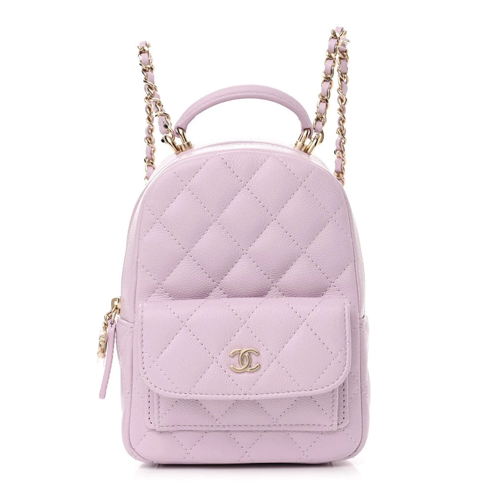 Chanel Mochila Clássica Mini Roxa Claro Couro Caviar Acintilado Quiltado Hardware Dourado