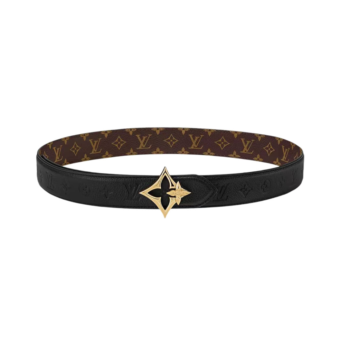 Louis Vuitton Cinto Reversível Flowergram Feminino em Couro Bezerro Preto/Marrom/Bege/Branco e Canvas Monogram com Ferragens Douradas/Prateadas 30mm