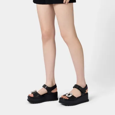 Roger Vivier Slidy Viv' Wedge Sandals In Black Calfskin Leather With Crystal Buckle (Heel Height 6.5cm)