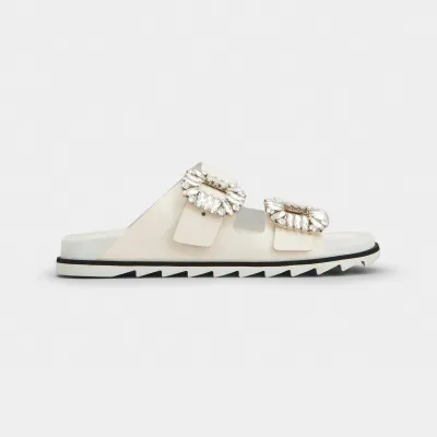 Roger Vivier Slidy Viv' Mules Sandals In White Leather With Crystal Buckle
