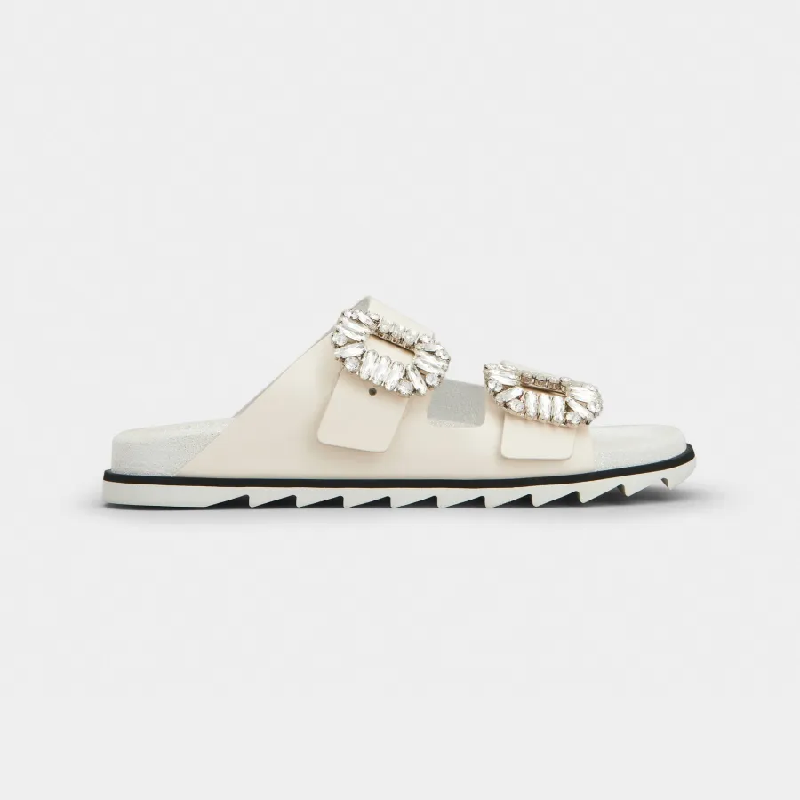 Roger Vivier Slidy Viv' Mules Sandals In White Leather With Crystal Buckle