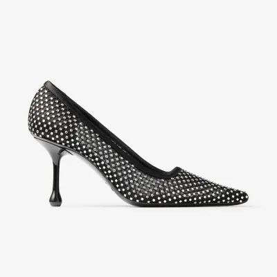 JIMMY CHOO Crystal mesh stitched black satin heels