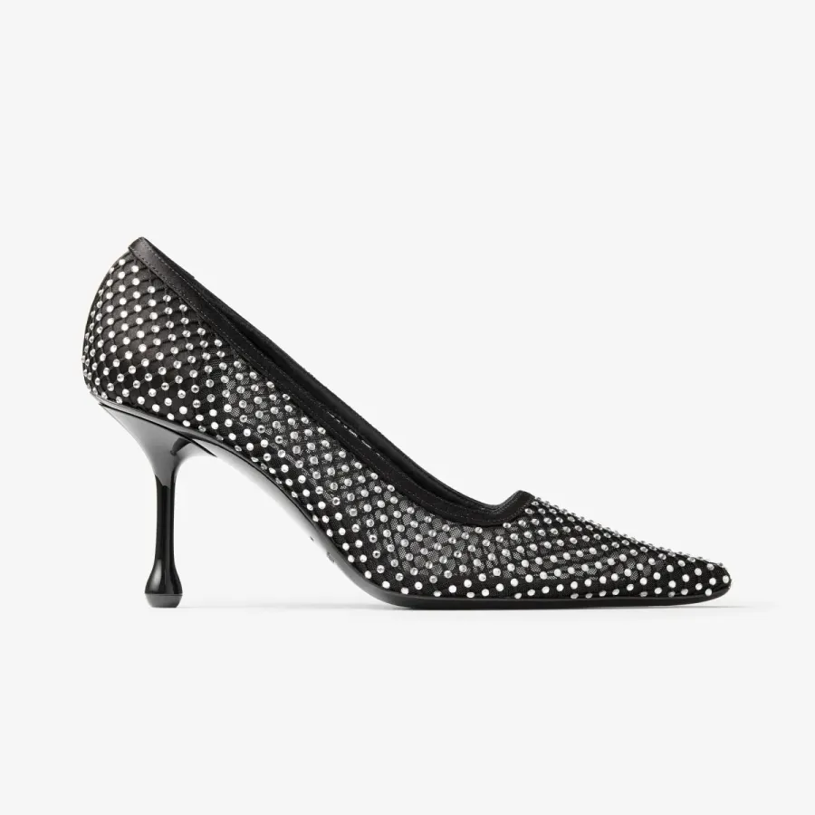 JIMMY CHOO Crystal mesh stitched black satin heels