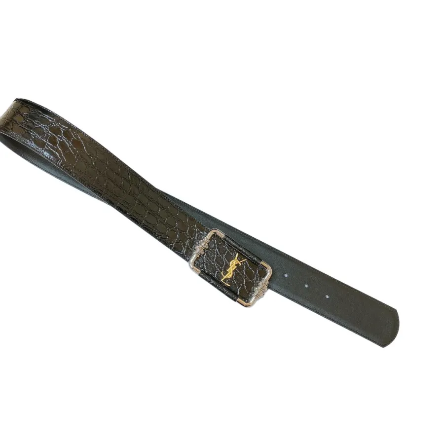 Saint Laurent Cintura Logo Buckle Belt In Black Crocodile-Embossed With Silver/Gold Hardware 30mm