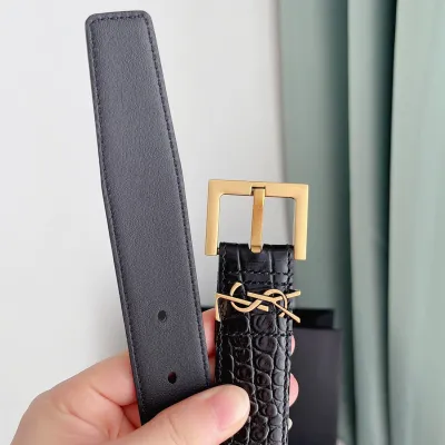 Saint Laurent Cassandre Belt In Black Crocodile-Embossed Calfskin With Gold/Silver/Black Hardware 30mm