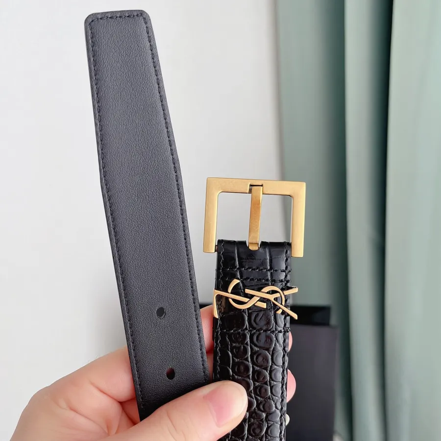 Saint Laurent Cassandre Belt In Black Crocodile-Embossed Calfskin With Gold/Silver/Black Hardware 30mm