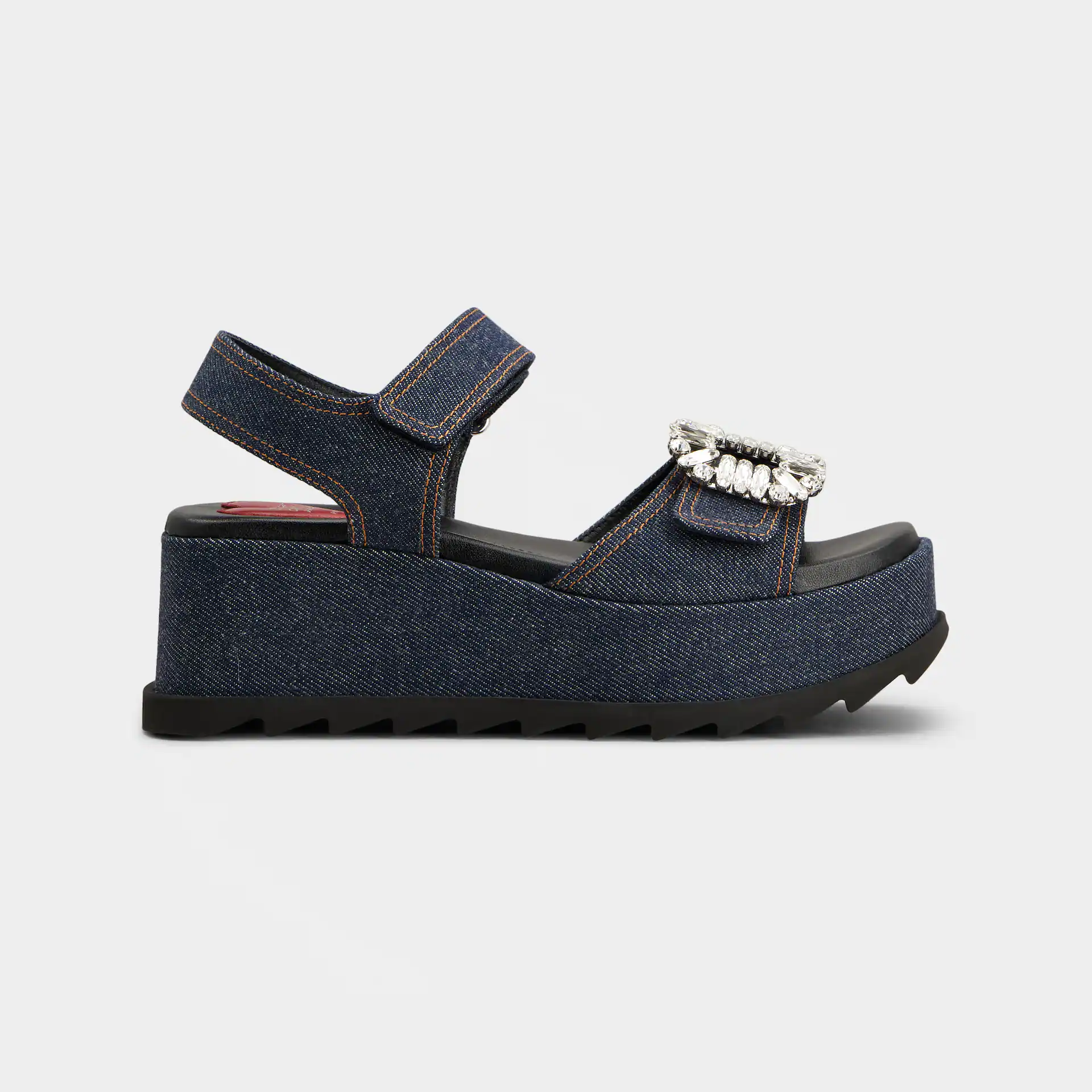 Roger Vivier Slidy Viv' Sandálias Wedge Em Denim Azul Com Fivela De Cristal (Altura do Salto 6,5cm)