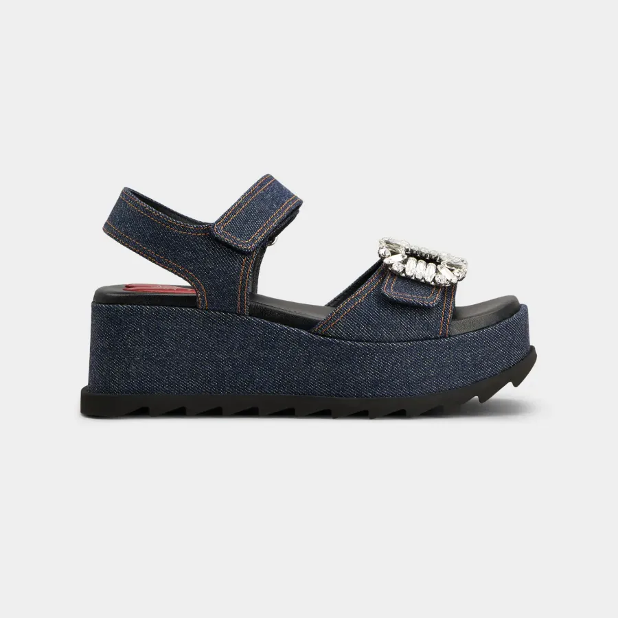 Roger Vivier Slidy Viv' Wedge Sandals In Blue Denim With Crystal Buckle (Heel Height 6.5cm)