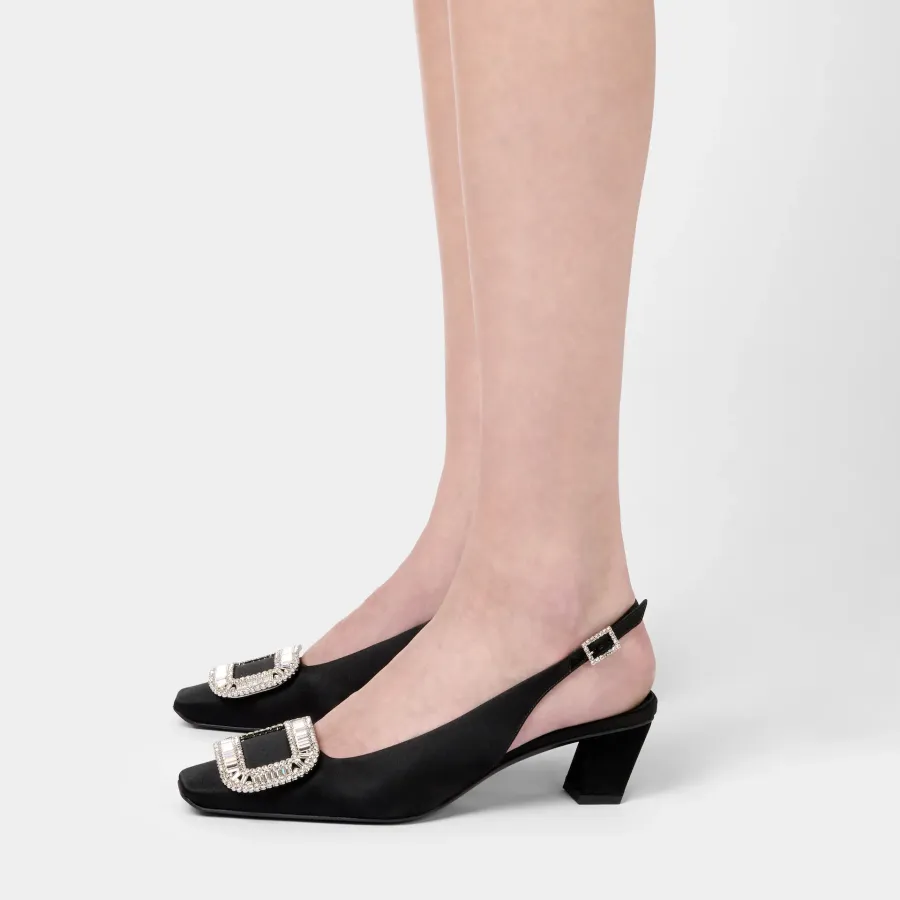 Roger Vivier Belle Viver Slingback Pumps High Heels In Black Satin With Crystal Buckle (Heel Height 4.5cm)