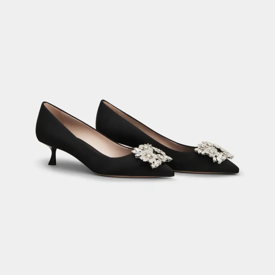 Roger Vivier Efflorescence Pumps High Heels In Black Satin With Crystal Buckle (Heel Height 4.5cm)