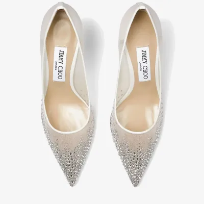 JIMMY CHOO Gradient crystal embellished white mesh fabric pointy heels