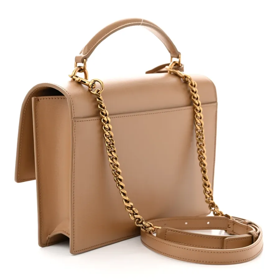 Saint Laurent Medium Sunset Satchel Natural Tan Smooth Monogram Calfskin Leather Gold Hardware