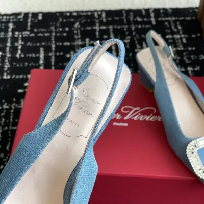 Roger Vivier Belle Viver Slingback Pumps High Heels In Blue Denim With Crystal Buckle (Heel Height 4.5cm)