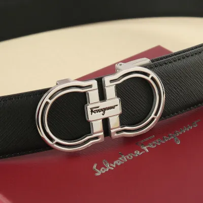 Ferragamo Men's Hollow Double Gancini Buckle Belt In Black Calfskin With Gold/Silver Hardware 35mm