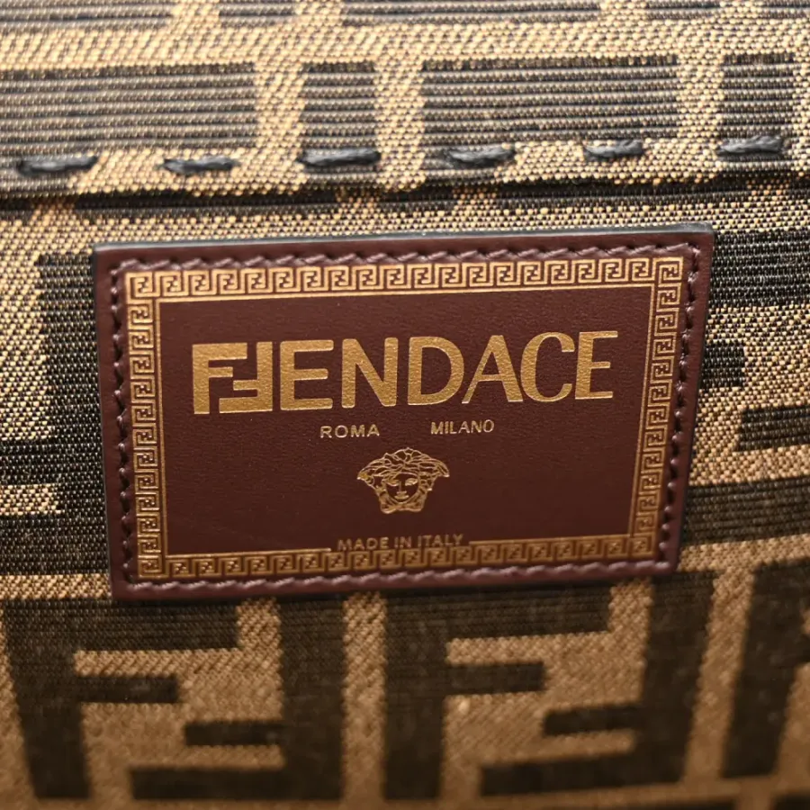 Fendi Large Fendace FF Medusa Studded Fendi Sunshine Shopper Tote (F x V) Marrone/Fuxia Jacquard Fabric, Calfskin Leather, & Plexiglass Gold Hardware