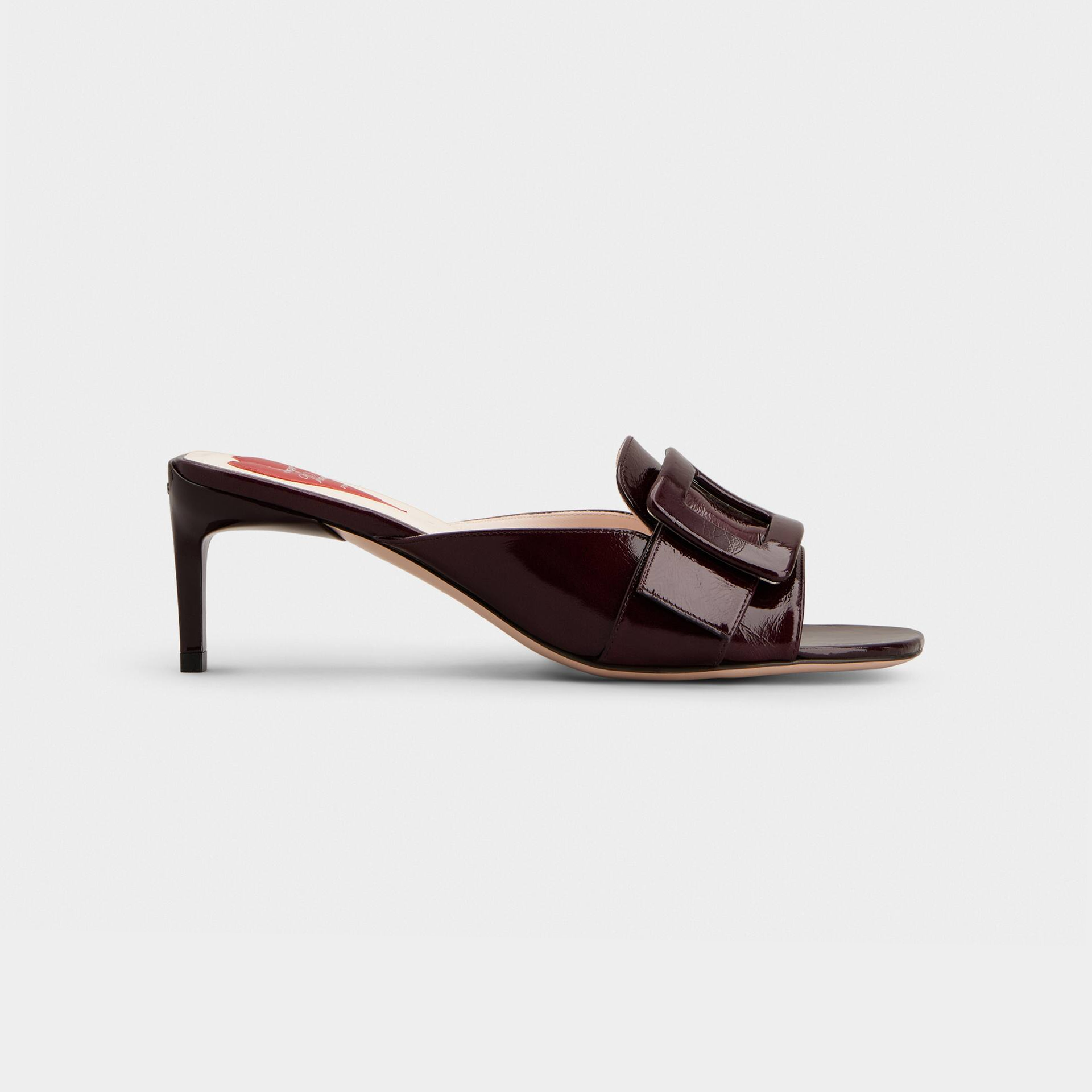 Roger Vivier Sandálias Mules Viv' Canard Em Couro Verniz Borgonha Com Fivela De Metal Envernizado (Altura Do Salto 5,5cm)