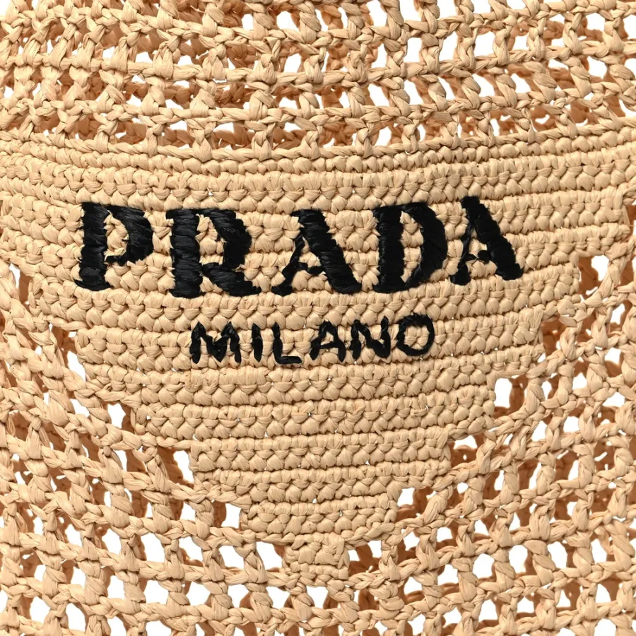 Prada Medium Effect Crochet Logo Embroidered Tote Naturale Yarn Raffia