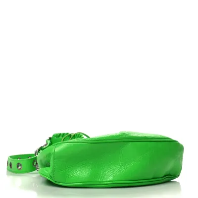 Balenciaga XS Crystal Le Cagole Shoulder Bag Fluo Green Agneau Arena Leather Silver Hardware