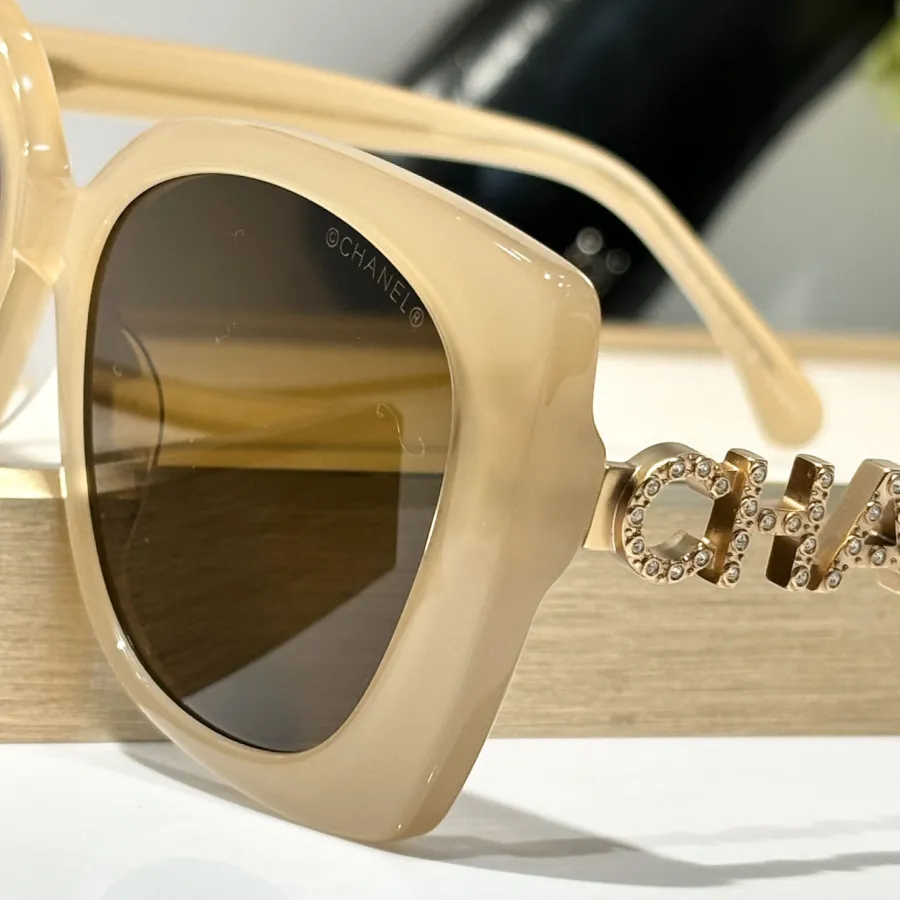 CHANEL square frame glasses khaki color SIZE 53-17-140