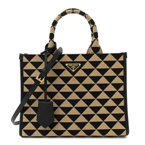 Prada Small Triangolo Symbole Embroidered Tote Black and Corda Jacquard Saffiano Leather Gold Hardware