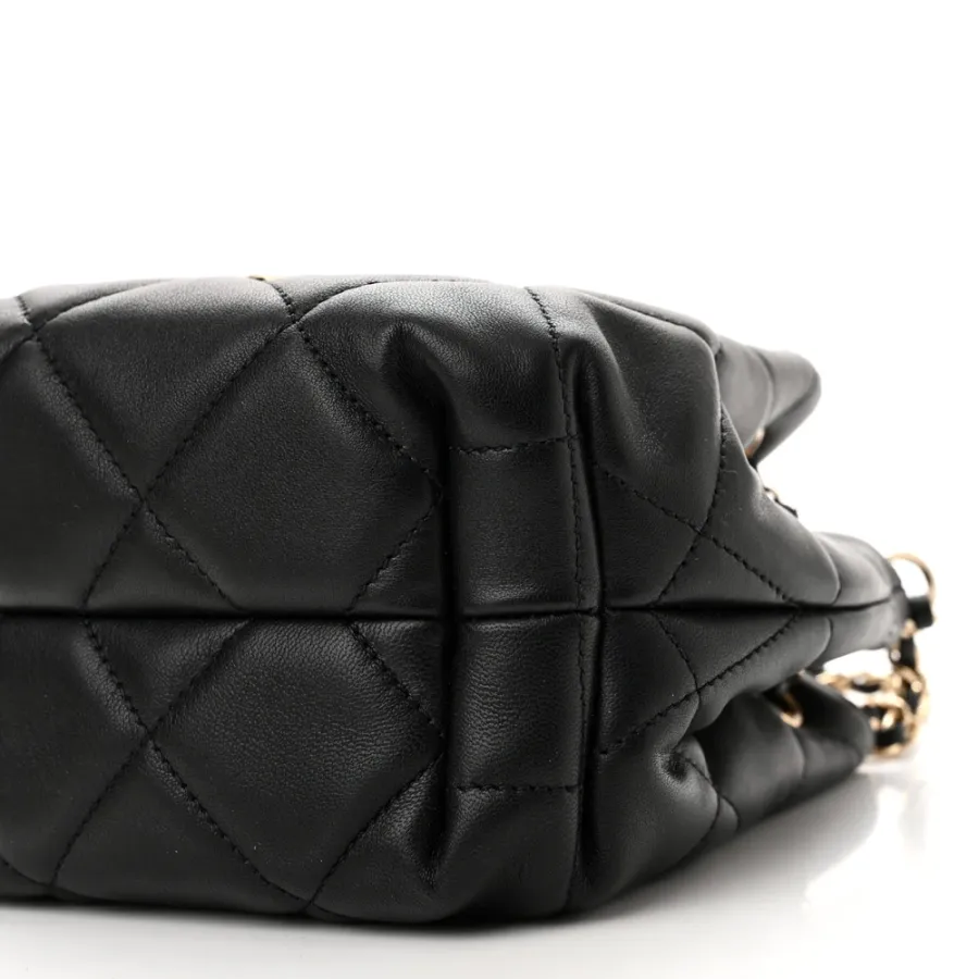 Chanel CC Dweller Drawstring Bucket Small Black Quilted Lambskin Leather Light Gold Hardware