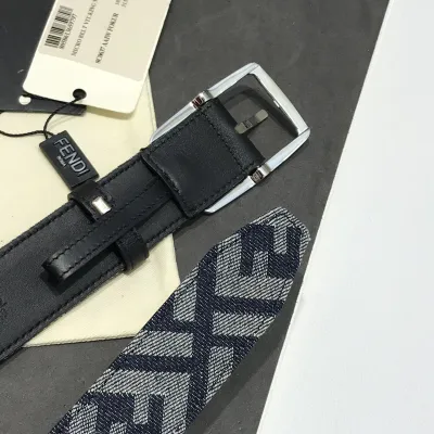 Fendi Men's Rectangle Buckle Belt In Blue Denim FF Monogram With Gold/Silver Hardware 35mm