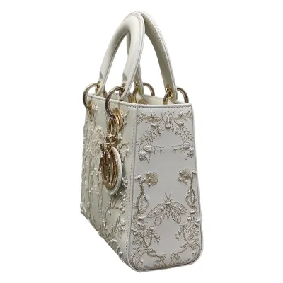 Dior Small Lady Dior Bag In White Calfskin Leather and White Satin Embroidered with Beads Light Gold Hardware