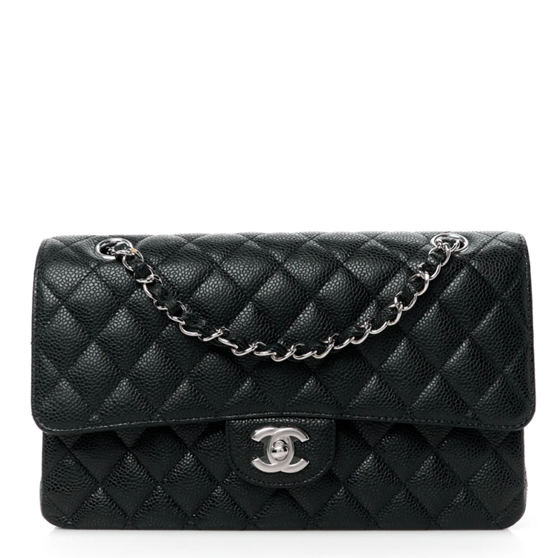 Chanel Double Flap Caviar Preto Prata Bolsas de Designer