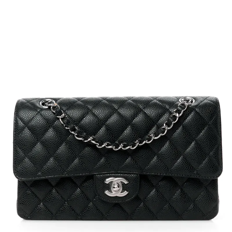 Chanel Double Flap Caviar Black  Silver Designer Handbags