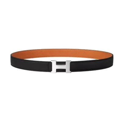 Hermès Women' s Mini Constance Buckle Reversible Belt In White/Black/Orange/Etoupe Calfskin With Gold/Silver Hardware 24mm