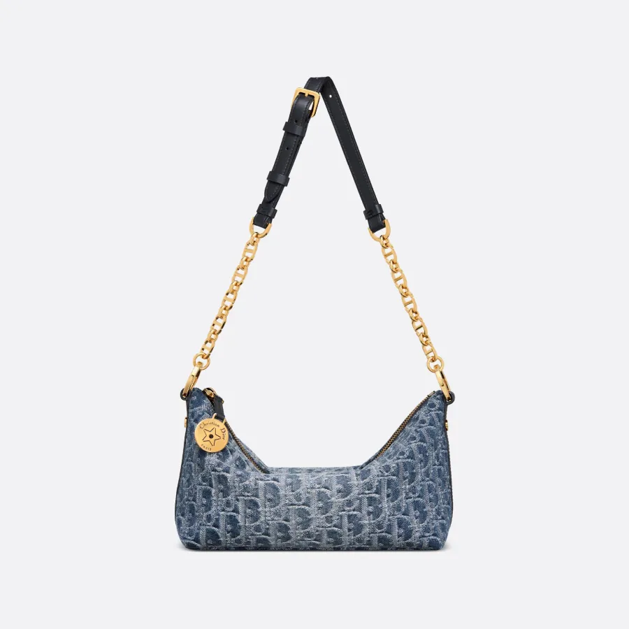 Dior Diorstar Hobo With Chain Denim Blue And White Oblique Canvas Gold Hardware