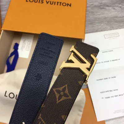 Louis Vuitton Women's Initiales Reversible Belt In Bkue/Black/Grey/Brown/Burgundy/Red/Pink Calfskin And Monogram Canvas With Gold Hardware 30mm