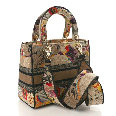 Dior Medium Lady D-Lite Beige/Black/Multicolor Floral Embroidered Canvas Gold Hardware