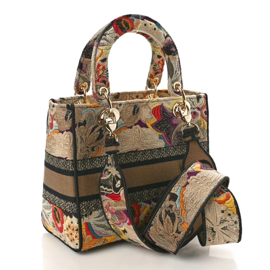 Dior Medium Lady D-Lite Beige/Black/Multicolor Floral Embroidered Canvas Gold Hardware