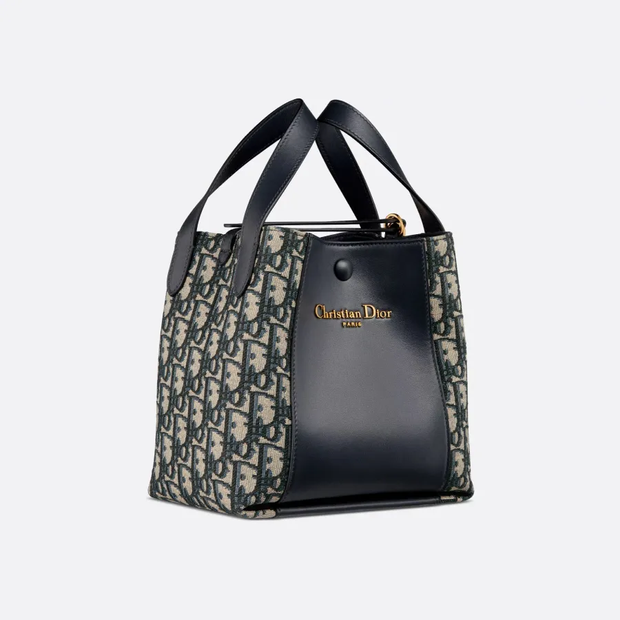 Dior Small Signature Bucket Bag In Blue Dior Oblique Jacquard/Black Grained Calfskin Gold Hardware