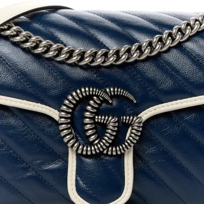 Gucci Small Torchon GG Marmont Shoulder Bag Blue Agata / Mystic White Vintage Effect Calfskin Leather Matelassé Diagonal Aged Silver Hardware