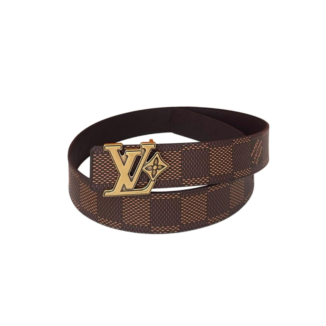 Cinto Reversível com Fivela de Flor Louis Vuitton Masculino em Pele de Bezerro Preto/Marrom e Canvas Damier com Ferragens Douradas/Prateadas 40mm